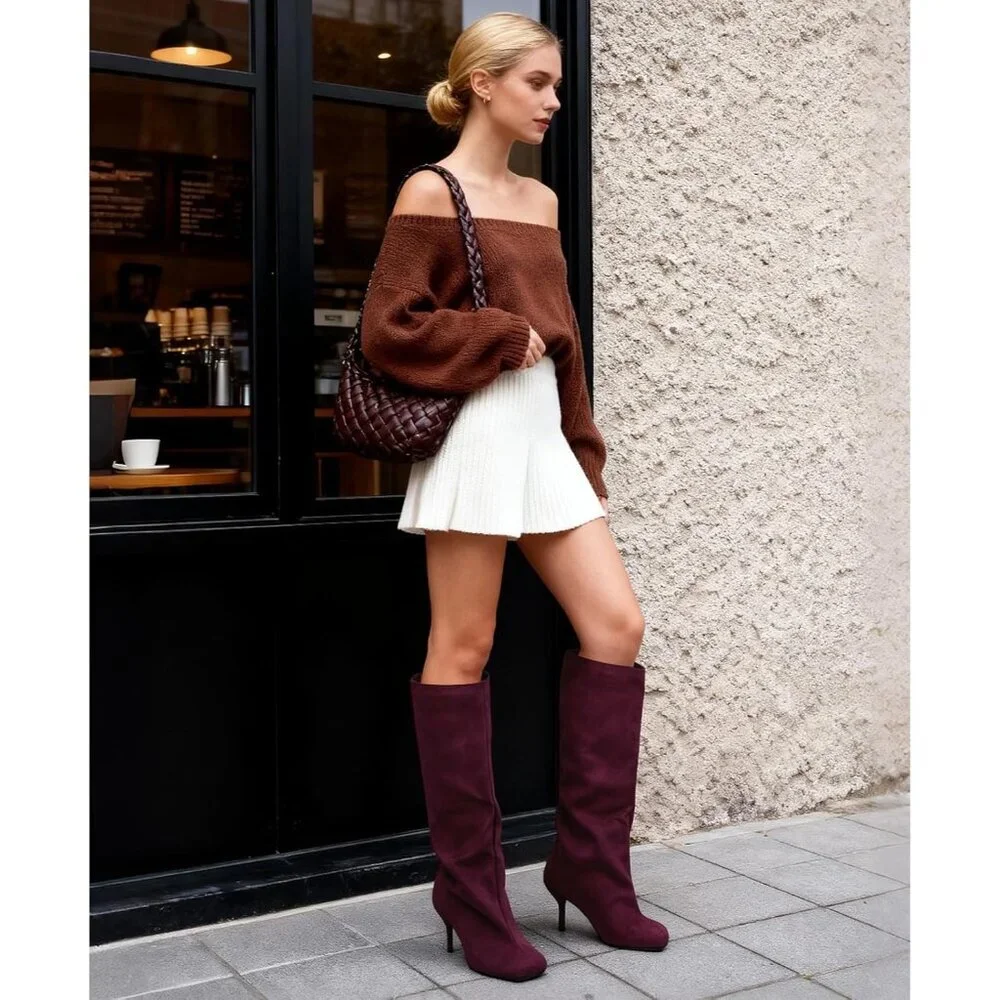 Women's Burgundy Wide Calf Square Toe Stiletto Heels Knee High Suede Boots